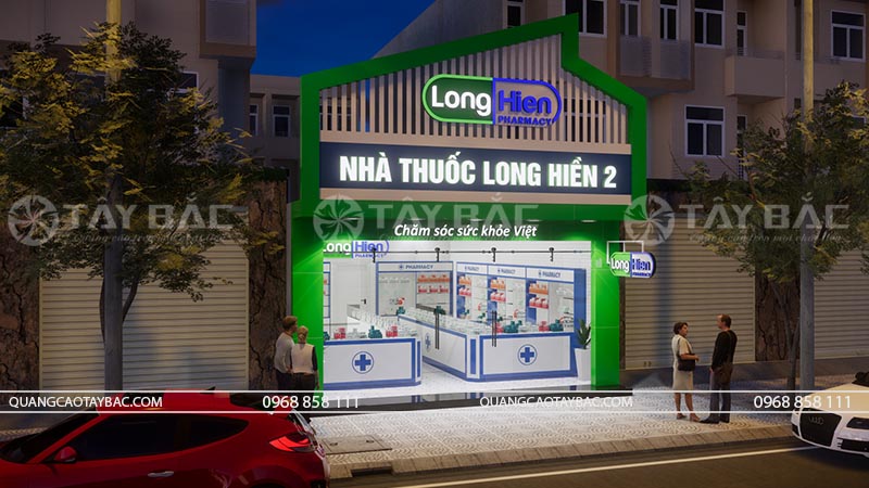 Phối cảnh buổi tối biển hiệu nhà thuốc Long HIền