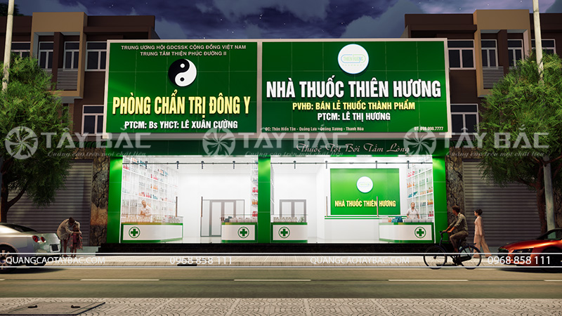 Phối cảnh buổi tối mặt tiền biển hiệu nhà thuốc Thiên Hương