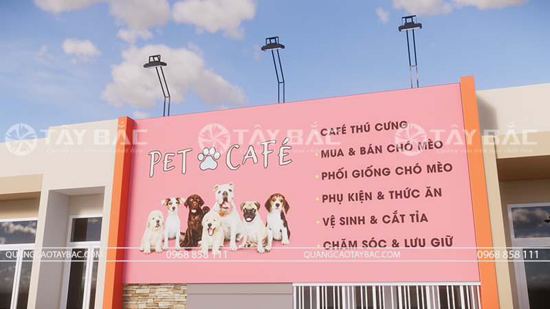 Biển quảng cáo cafe Pet và dịch vụ cho thú cưng.