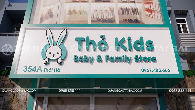 Biển quảng cáo cửa hàng mẹ và bé Thỏ Kids