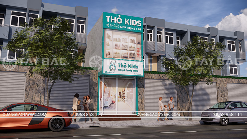 Biển quảng cáo cửa hàng mẹ và bé Thỏ Kids