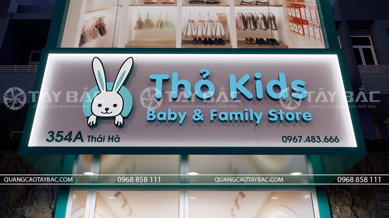 Biển quảng cáo cửa hàng mẹ và bé Thỏ Kids